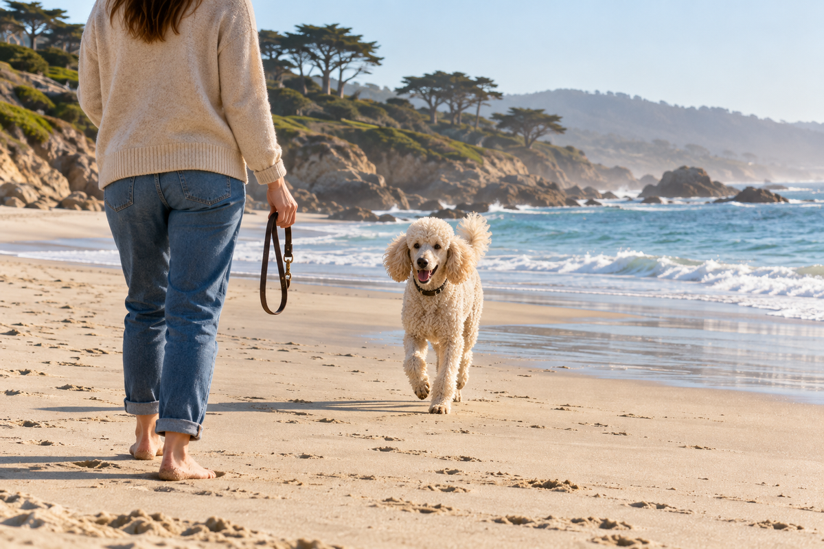 Standard poodle returning to its owner on Carmel Beach as the owner holds a leash.