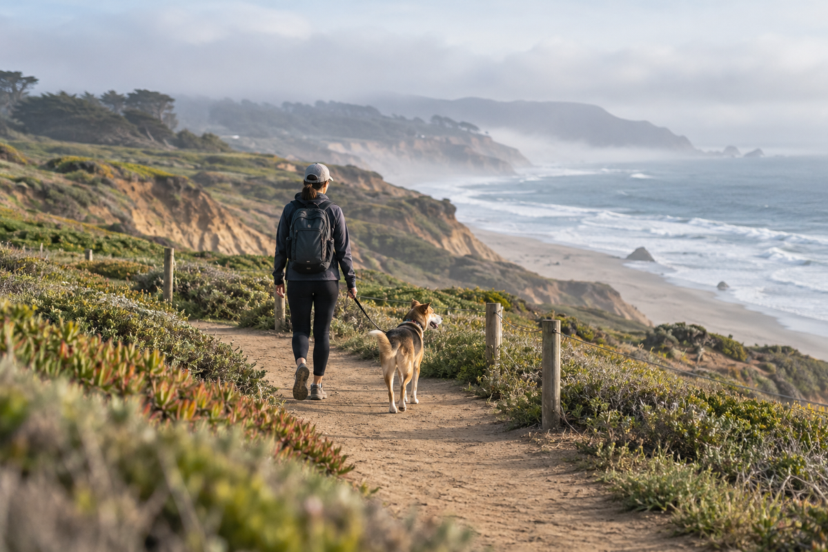 A leashed dog and handler walking on a marked coastal trail well back from Fort Funston's bluff edge