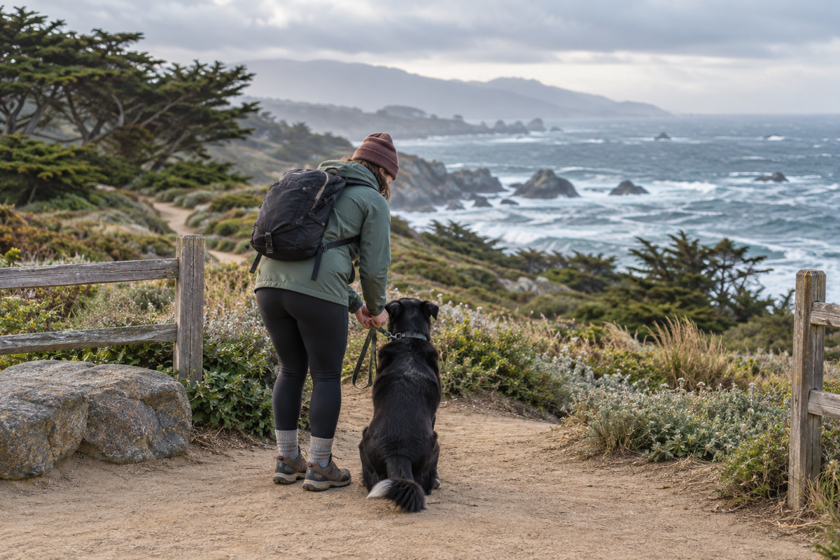 Leashed black dog and owner choosing a safer route above a rough California coast.