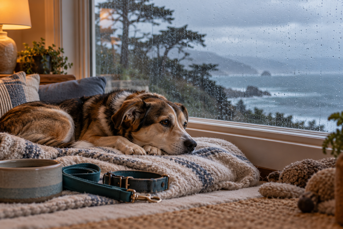 Mixed-breed dog resting indoors beside a rainy Monterey Bay window, with a leash and collar nearby