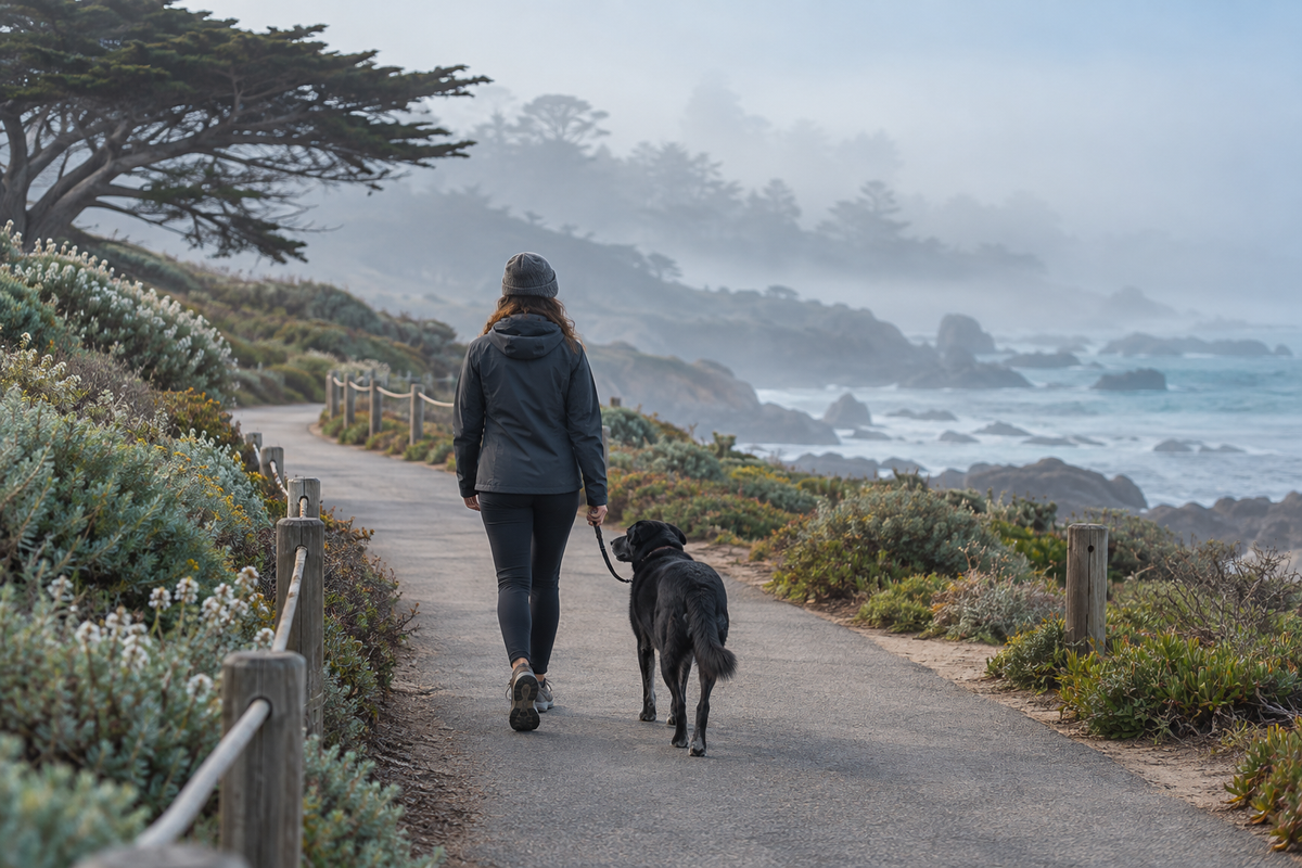 Leashed black mixed-breed dog and owner walking a familiar Monterey Bay path in dense morning fog.