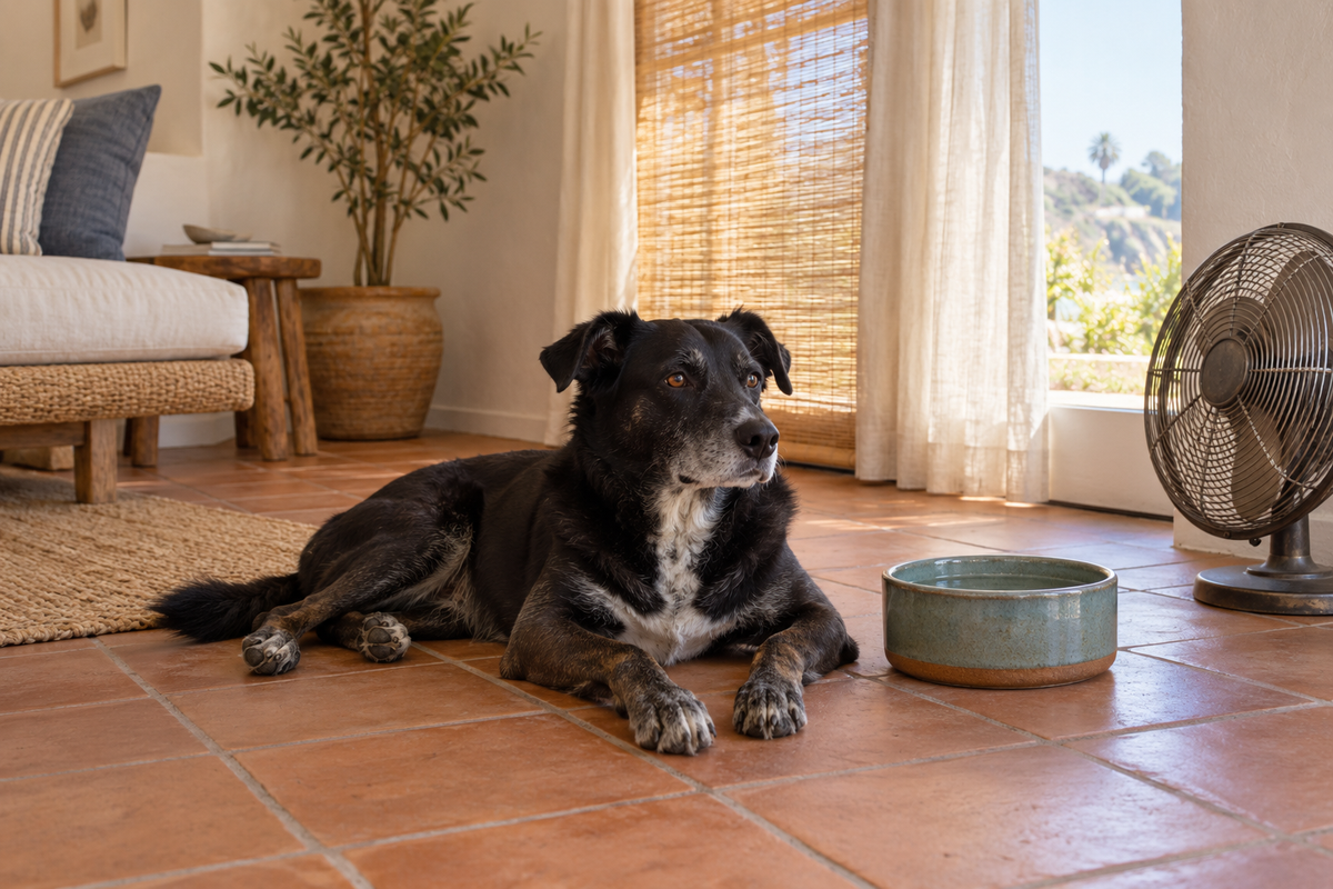 Black mixed-breed dog resting on cool tile beside water and a fan in a shaded California coastal home.