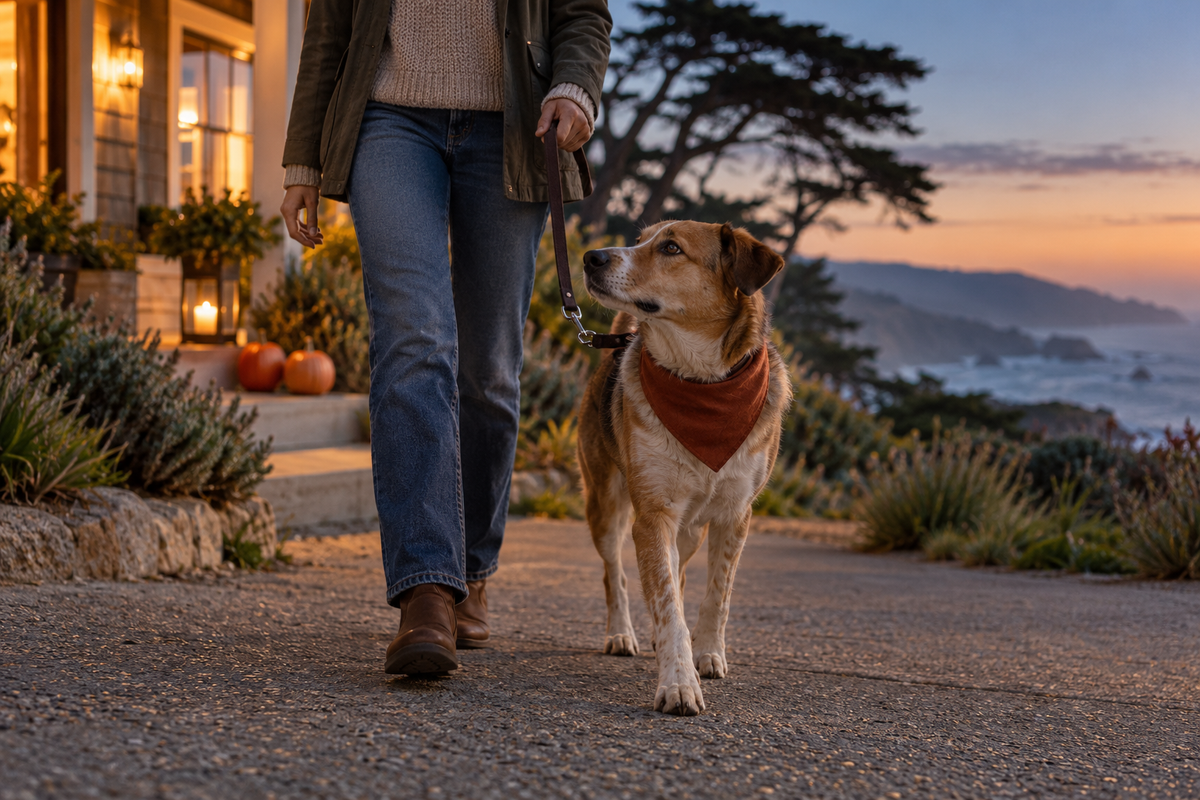 Calm mixed-breed dog in a rust bandana walking with its person near a Monterey Bay coastal home at dusk