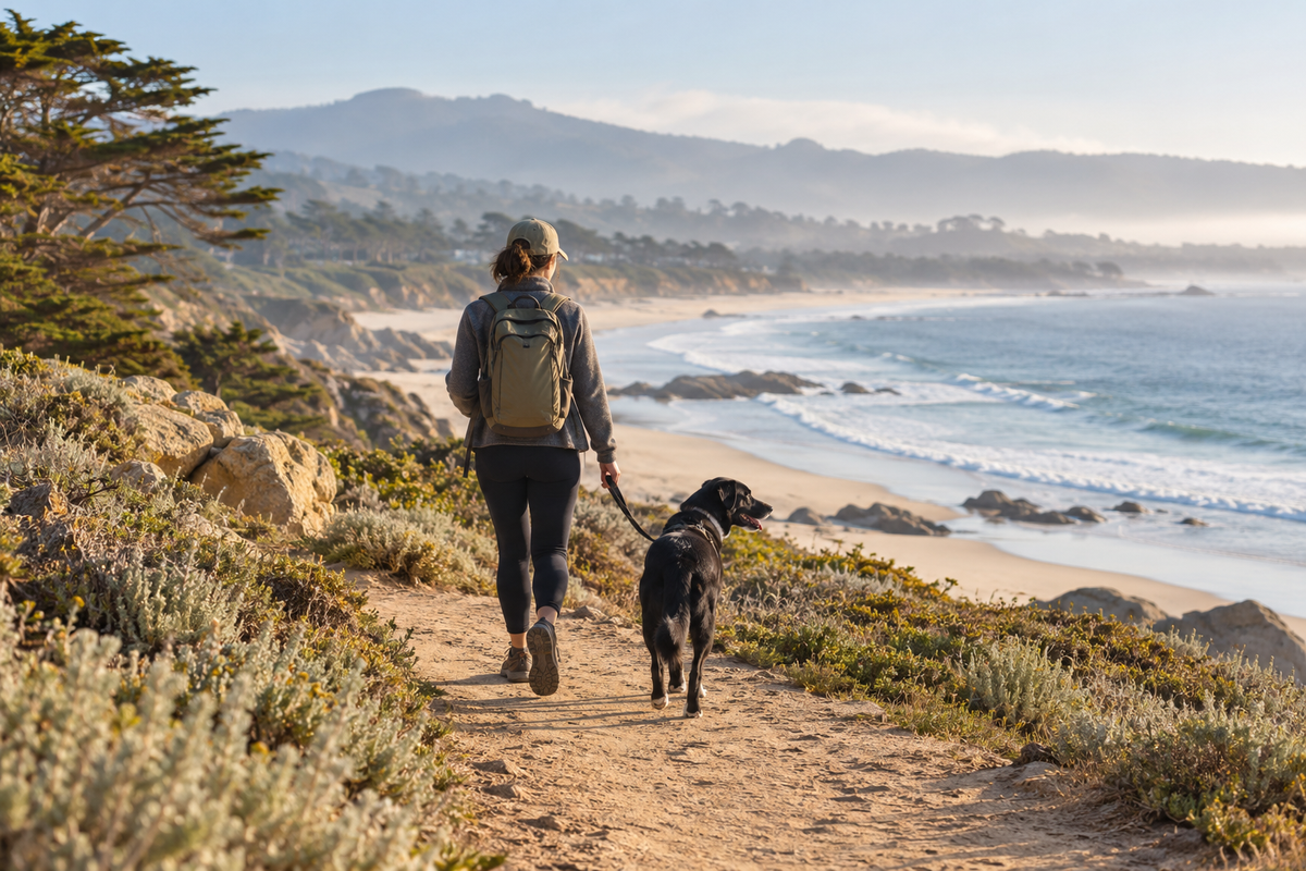 Leashed black dog and owner choosing a dry coastal path above a Monterey Bay beach.
