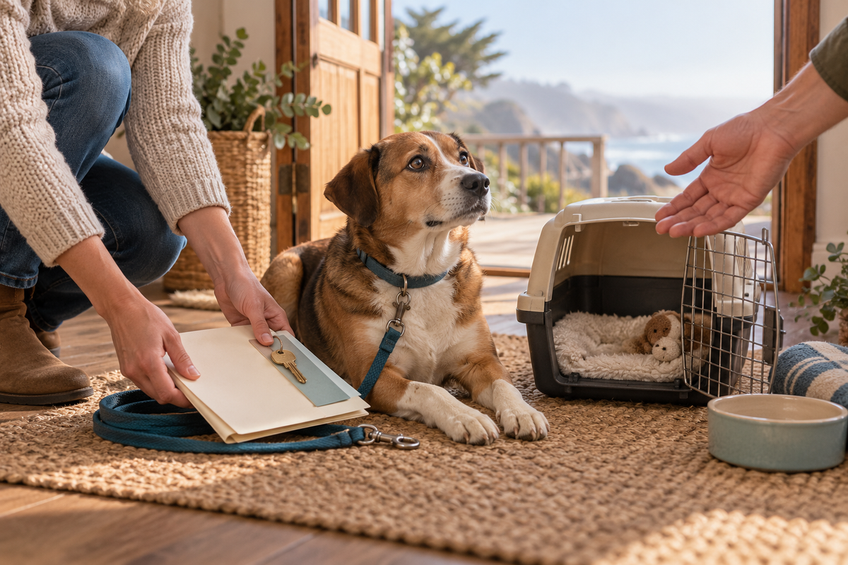 Leashed mixed-breed dog beside a pet carrier, care folder and spare key in a California coastal home