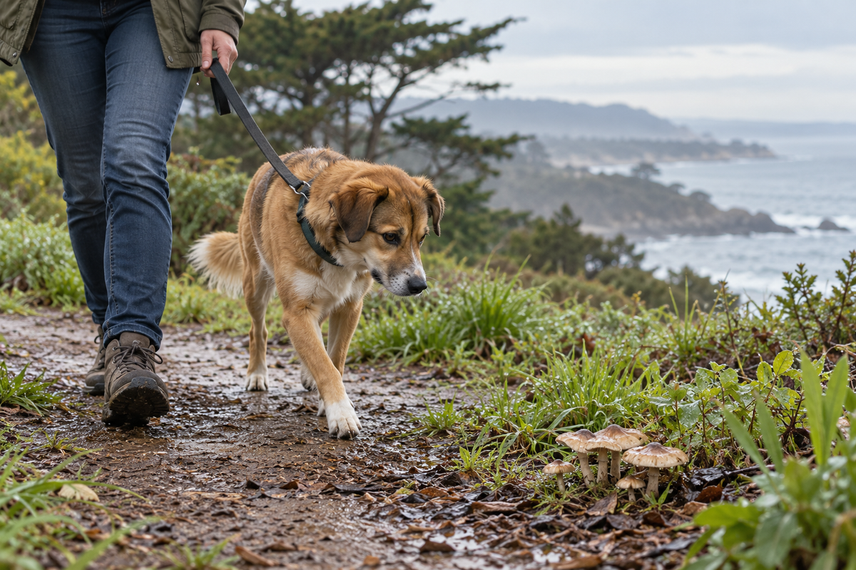 Leashed dog being guided past wild mushrooms on a wet Monterey Bay coastal trail