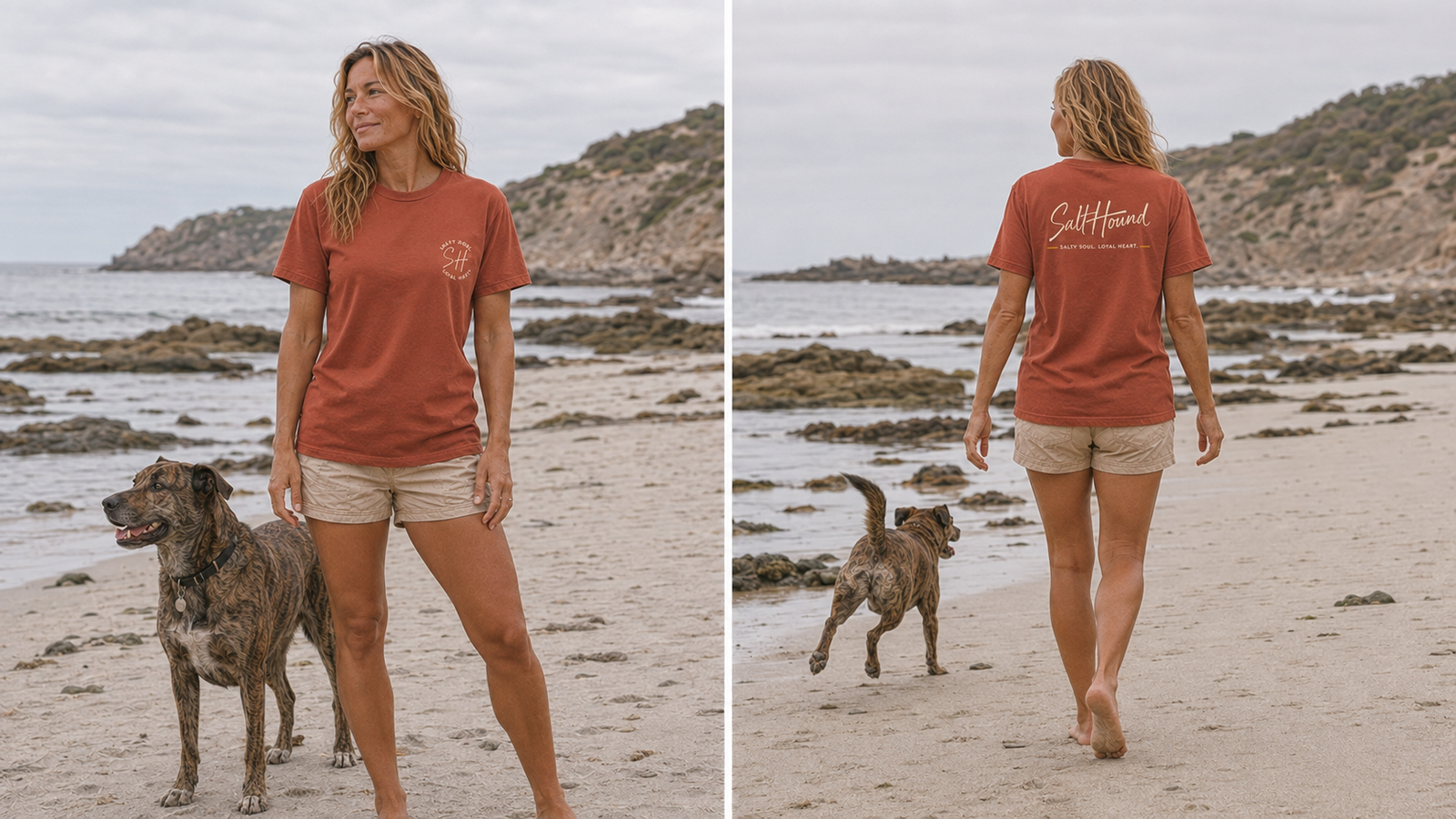 Women's Salt Hound Signature Collection T-shirt shown from the back in a coastal setting