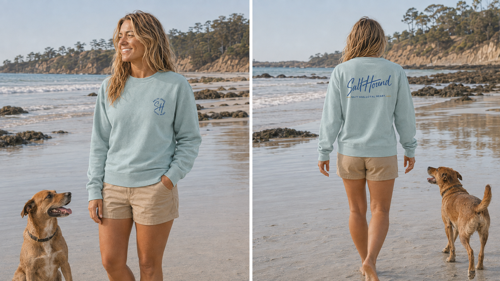 Women's Salt Hound Signature Collection crewneck sweatshirt shown from the back in a coastal setting