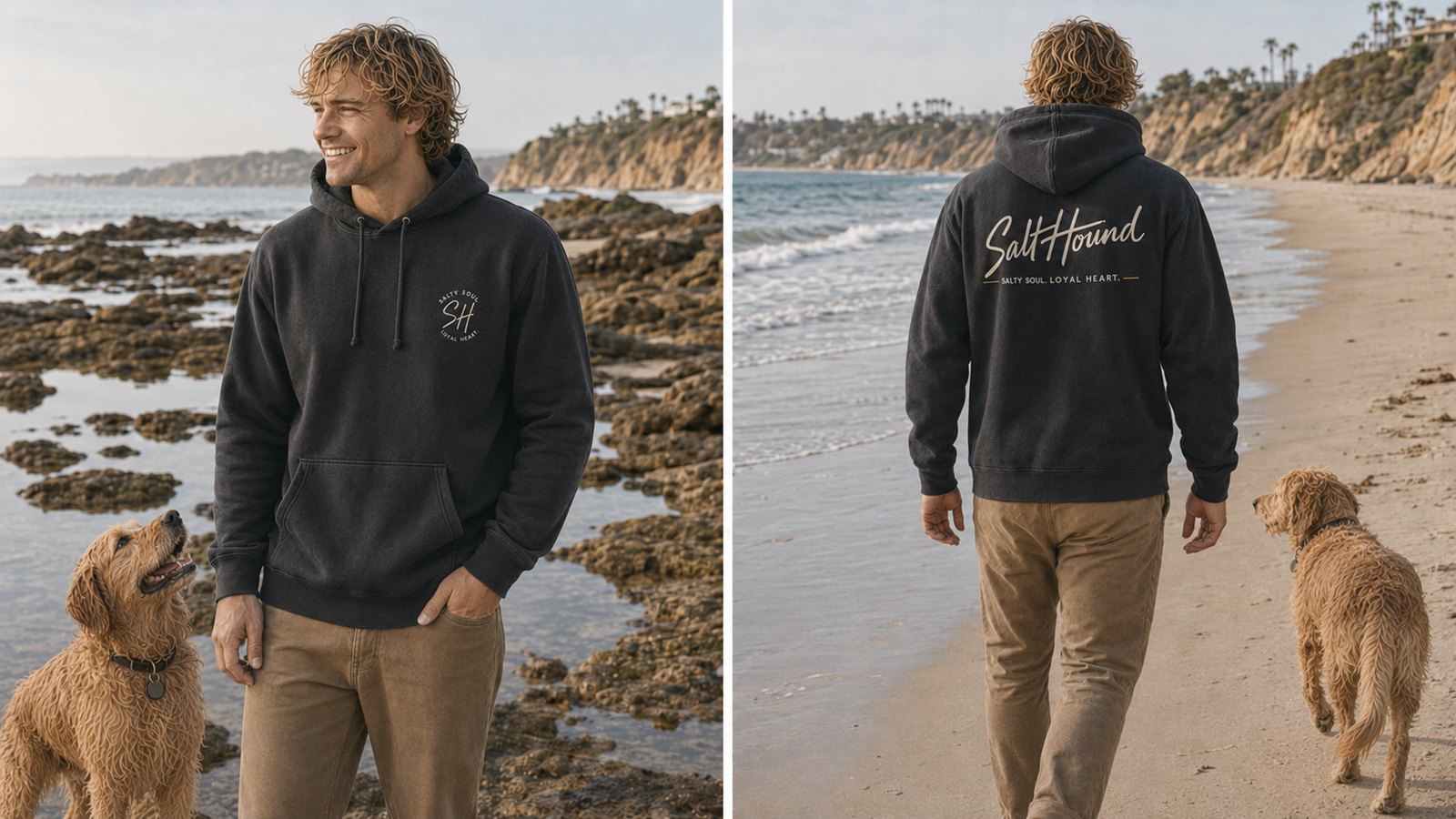 Men's Salt Hound Signature Collection hoodie shown from the back in a coastal setting