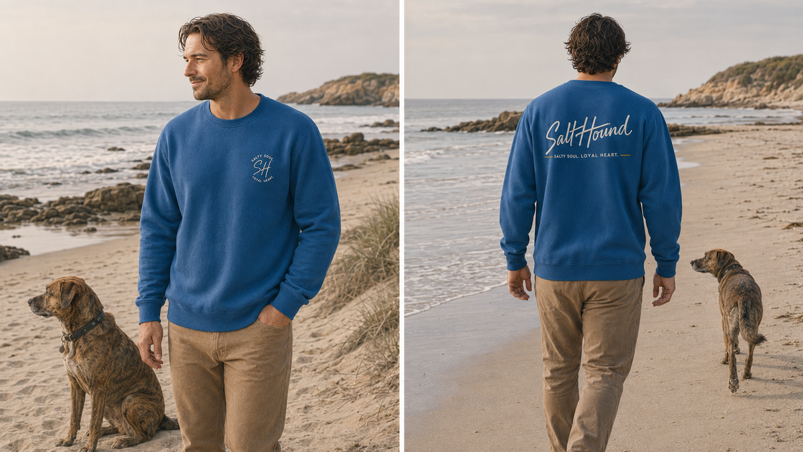 Men's Salt Hound Signature Collection crewneck sweatshirt shown from the back in a coastal setting