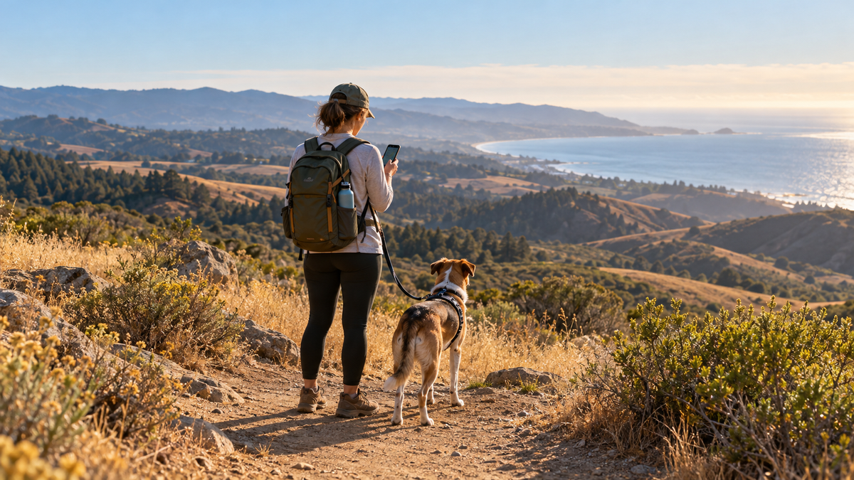 A leashed dog and its person check conditions from a dry Central Coast trail above Monterey Bay.