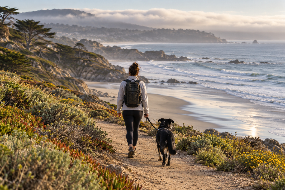 Leashed black rescue dog and owner choosing a higher coastal path above a high Monterey Bay tide.
