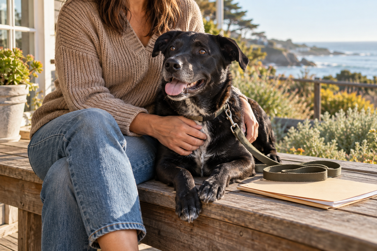 Black mixed-breed dog and owner reviewing veterinary paperwork on a sunlit Monterey Bay porch.