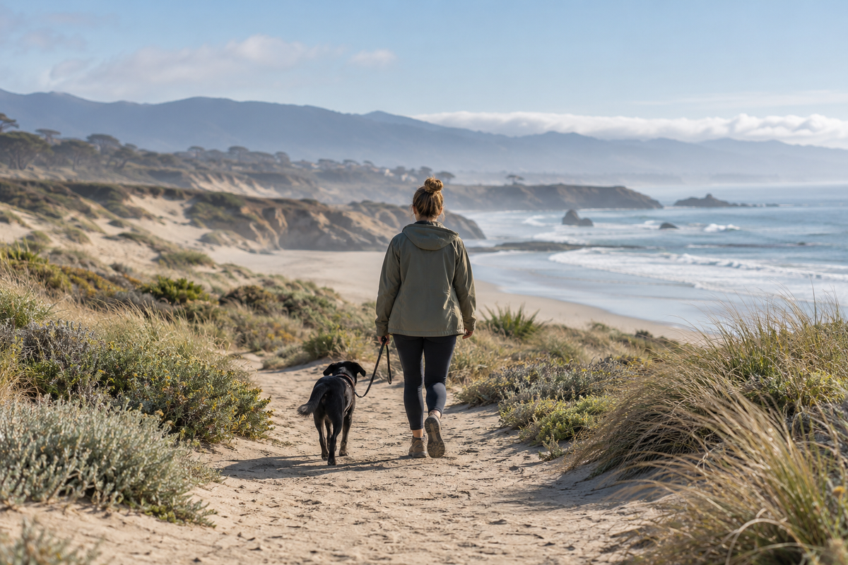Leashed black dog walking with its person on a dry Monterey Bay coastal path