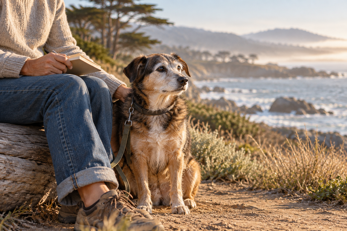 Senior mixed-breed dog beside a prospective adopter taking notes on the Monterey Bay coast