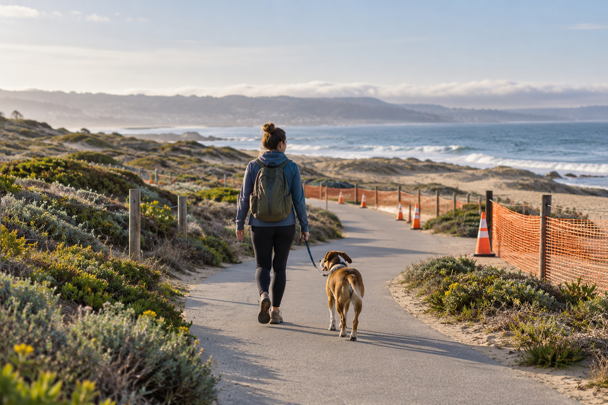 A leashed dog and walker follow a paved coastal trail detour through Monterey Bay dunes