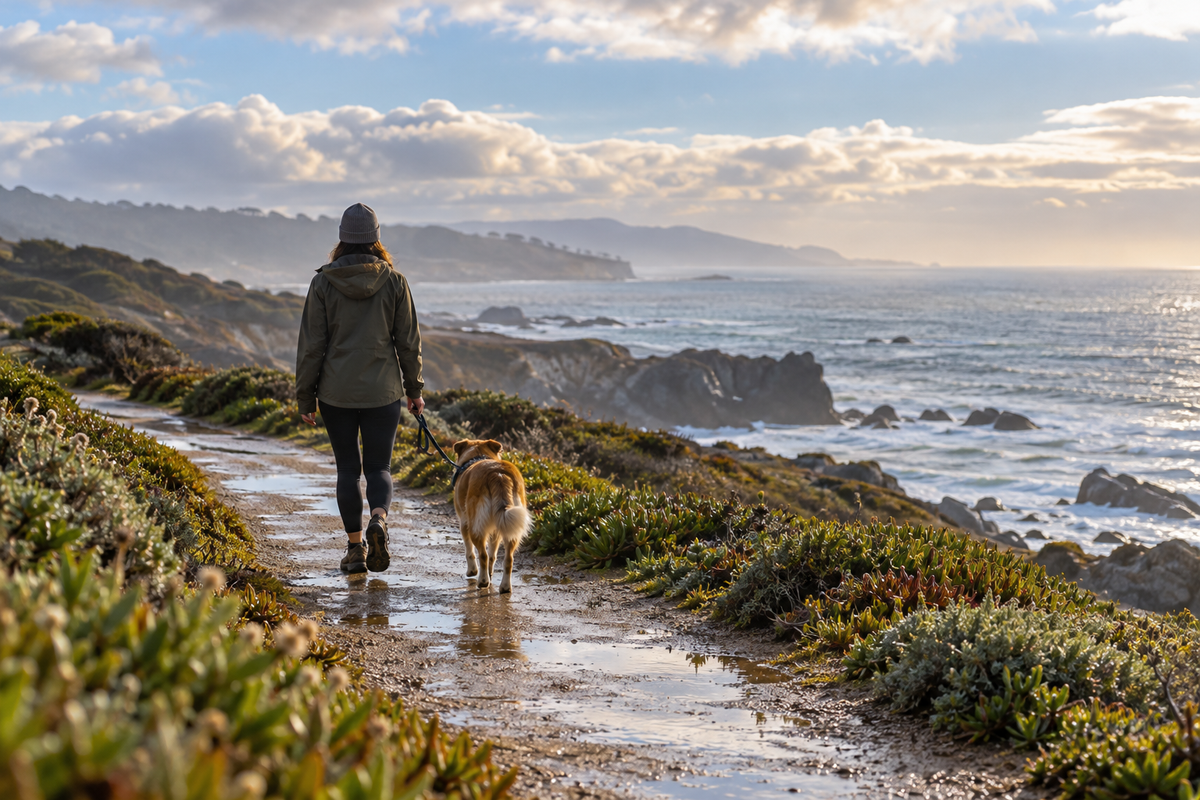 A leashed dog and owner walking a wet Monterey Bay coastal path after rain