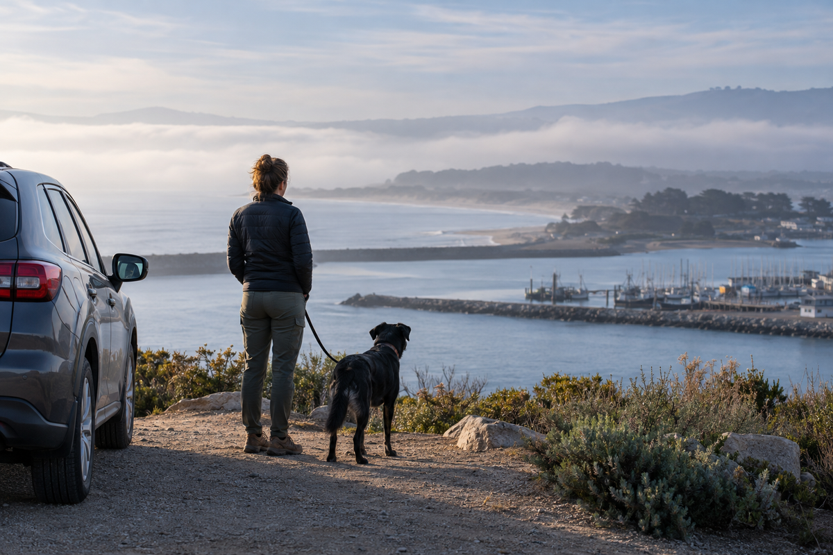 A leashed black dog and its person view a Monterey Bay harbor from a distant coastal overlook.