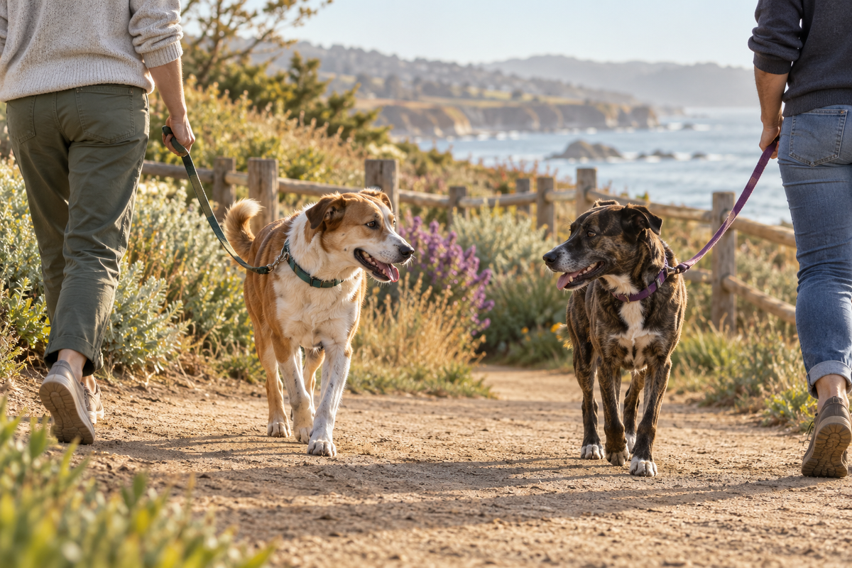 Two leashed mixed-breed dogs meeting calmly with their handlers on a coastal California path.