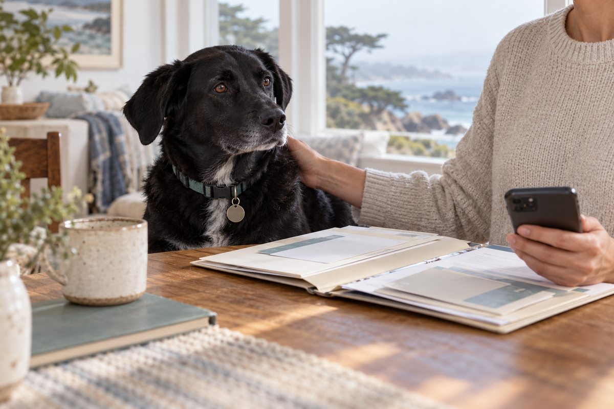 Black rescue dog beside its owner reviewing veterinary records in a Monterey Bay coastal home.