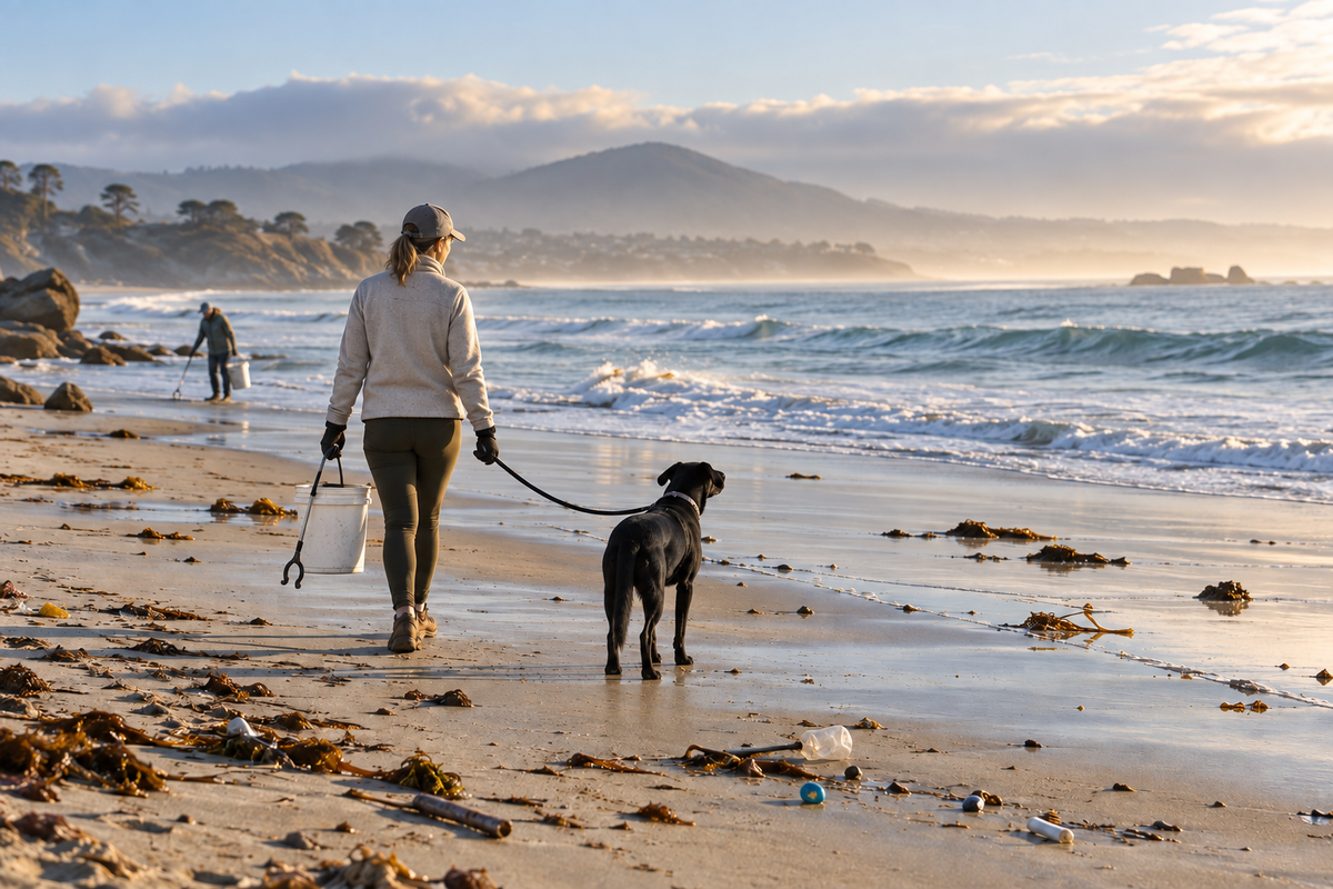 Leashed black dog beside volunteers collecting litter on a Monterey Bay beach.