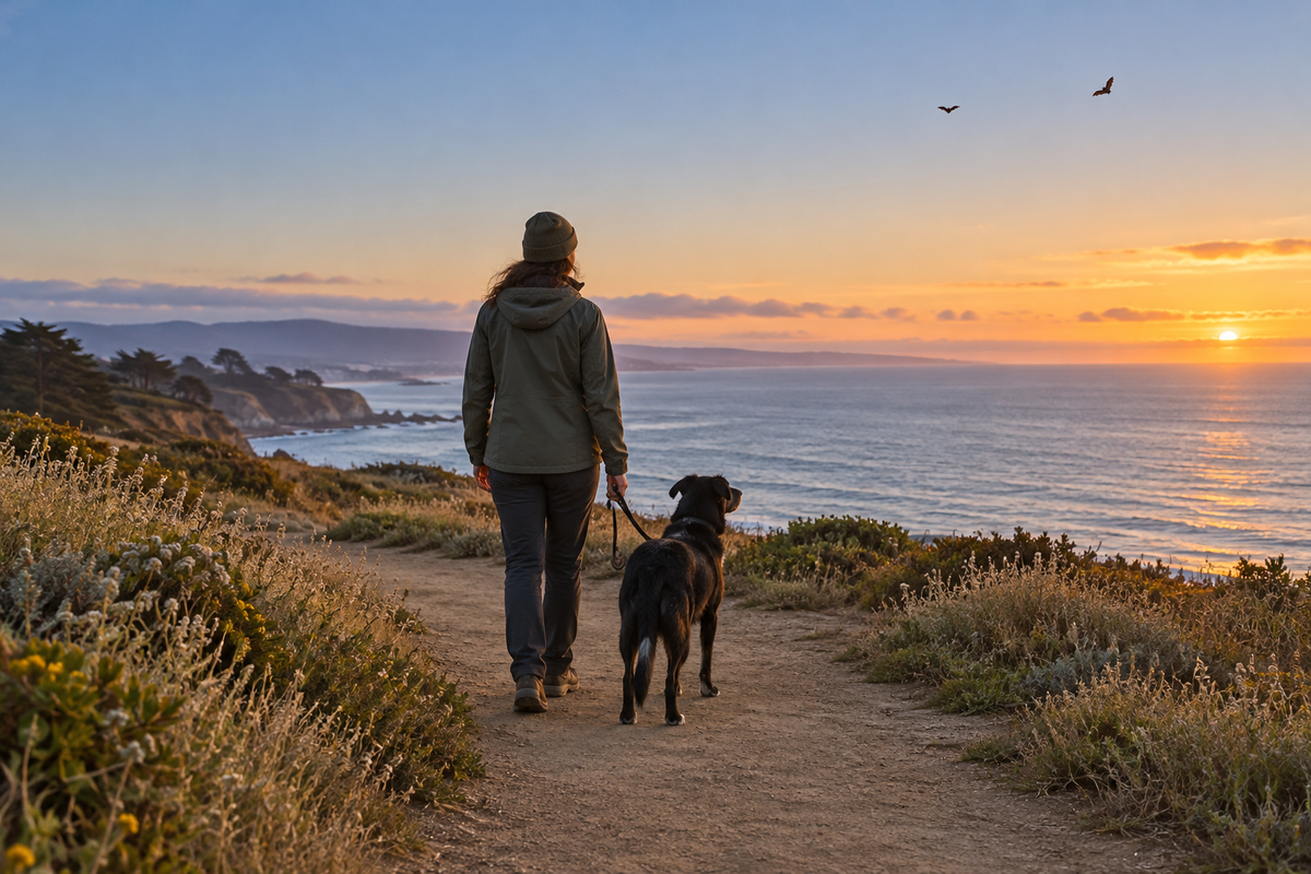 A leashed black dog and its person pause on a Santa Cruz coastal path as bats fly high in the evening sky.
