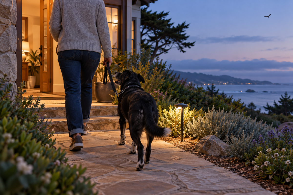 Black rescue dog and owner heading indoors as a bat flies far above a Monterey Bay coastal home.