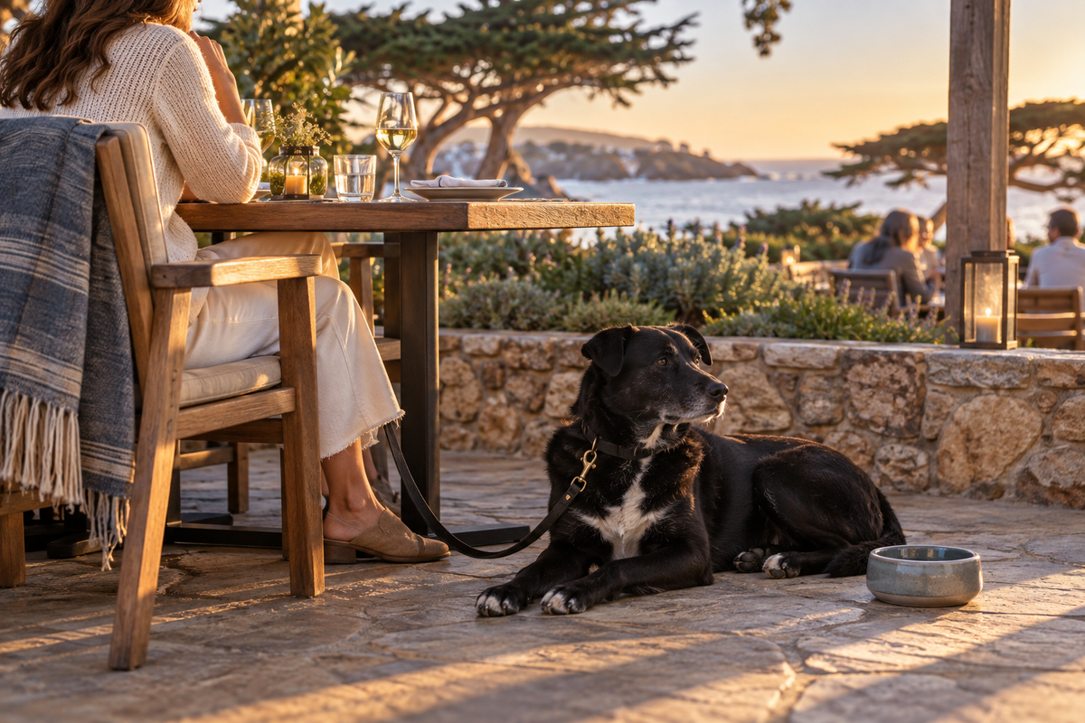 Black mixed-breed dog resting beside its owner on a California coastal restaurant patio.