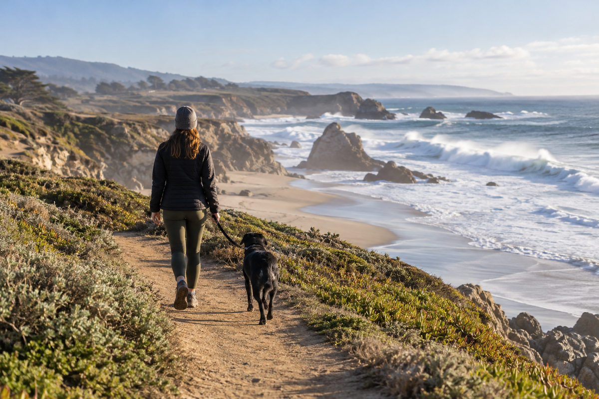 A leashed black dog and its person walk on a high California coastal trail above powerful surf.