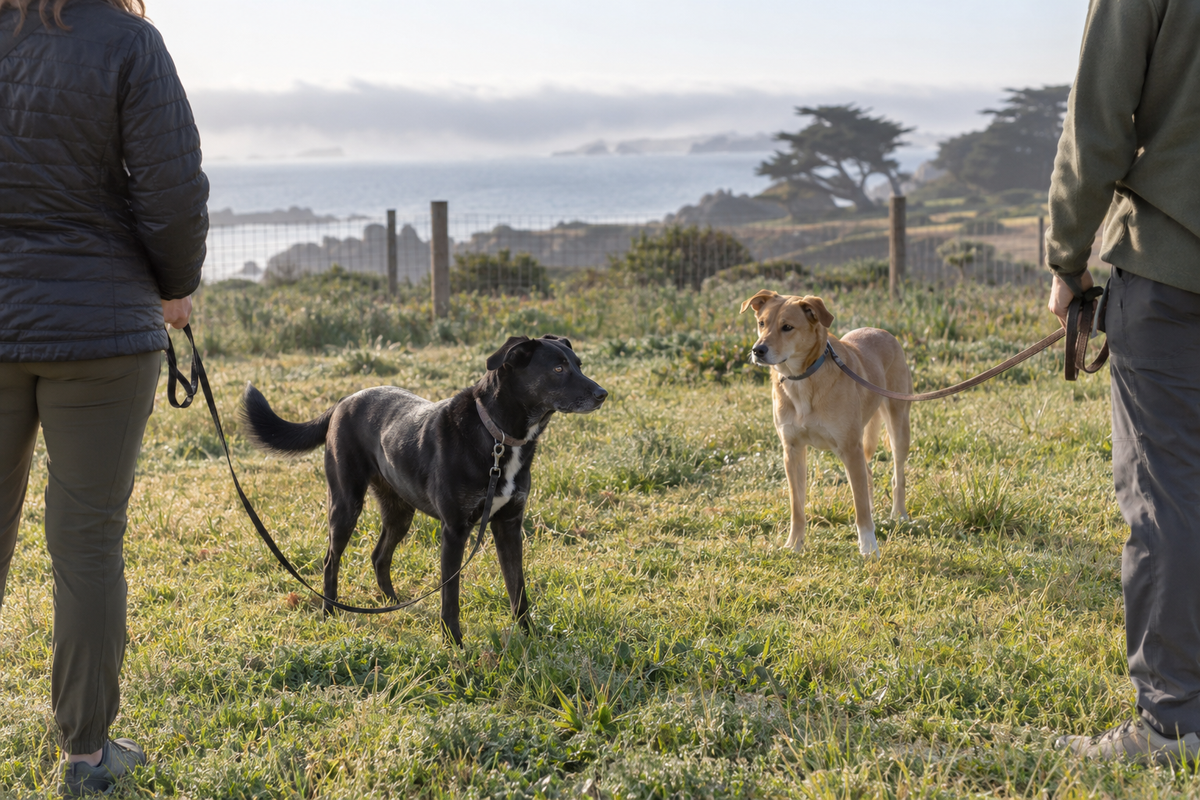 Two dogs meeting calmly with their handlers in a coastal California training meadow.