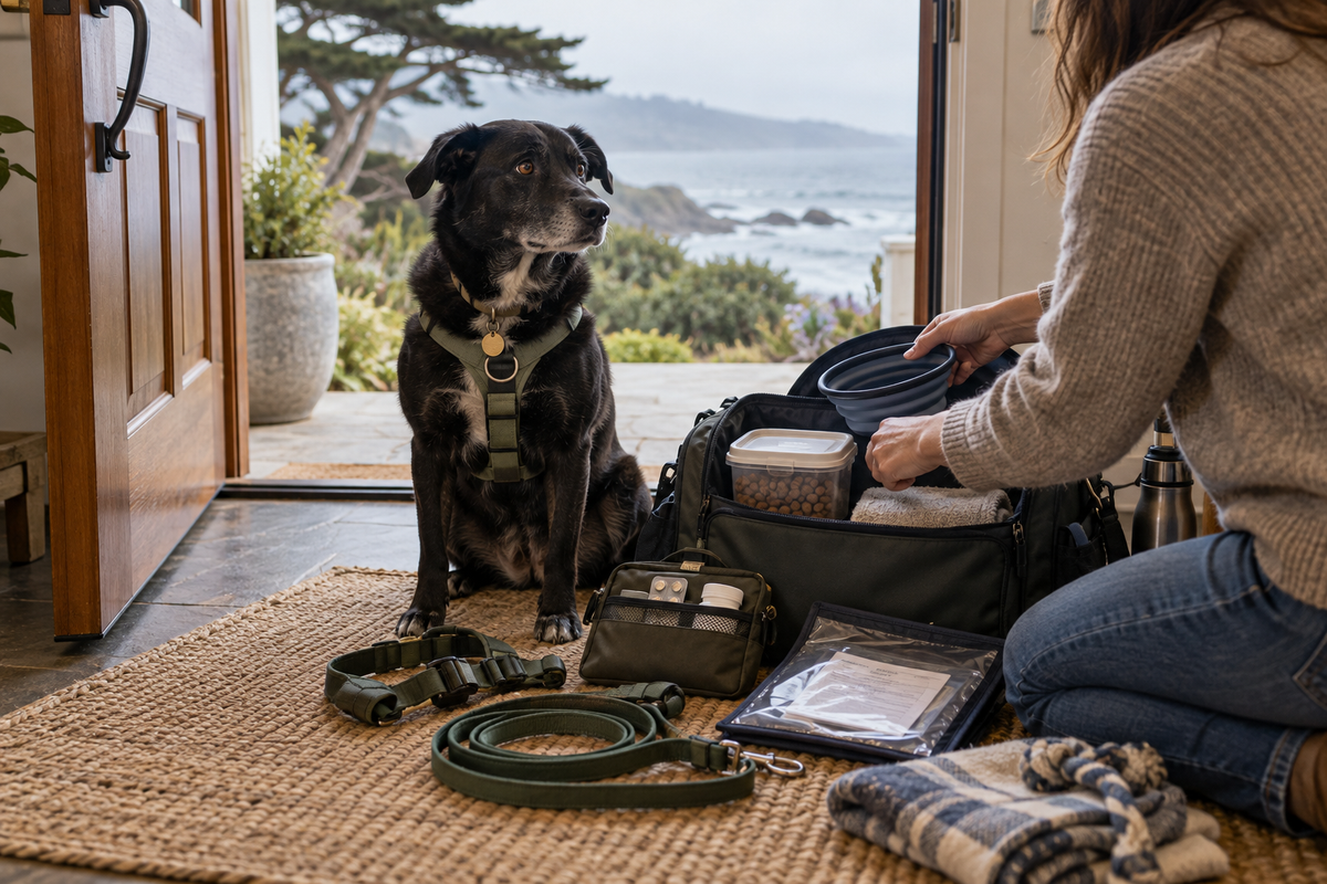 Black rescue dog beside a prepared emergency kit in a Monterey Bay coastal home.