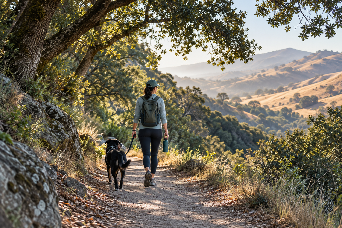 Leashed black dog walking with its owner on a shaded California trail in cool morning light.