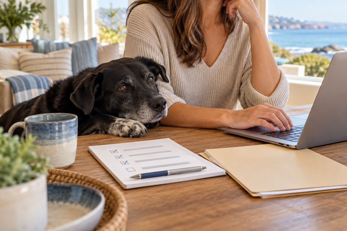 Black dog resting beside a person checking rescue records in a California coastal home.
