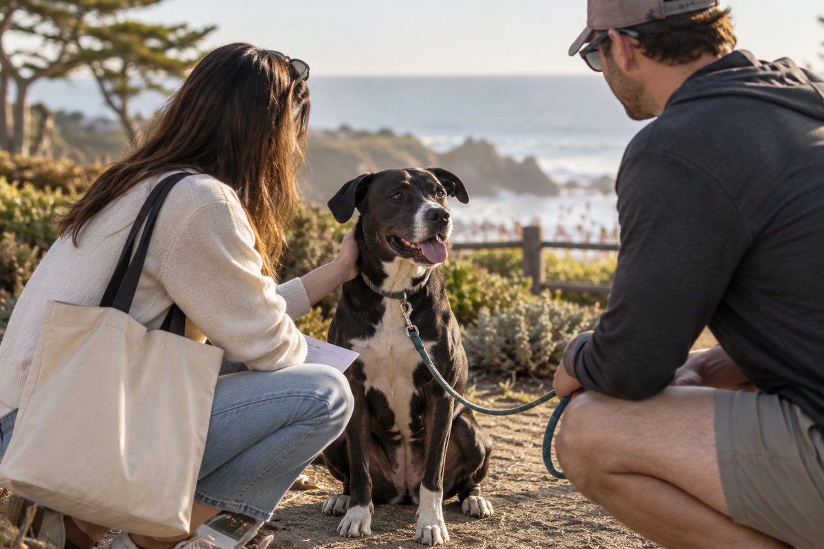 Mixed-breed dog meeting two people at a quiet California coastal overlook.