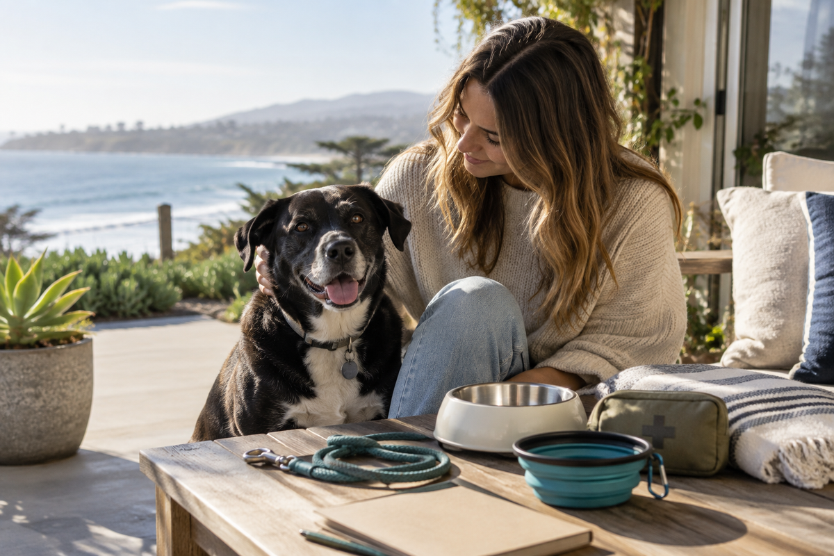 Mixed-breed dog and owner preparing everyday care essentials at a California coastal home.