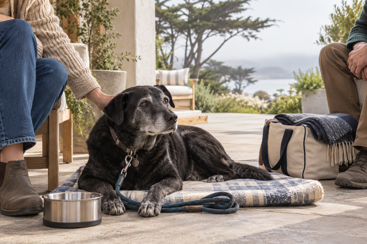 A mature black dog resting with care essentials between two people in a calm California coastal courtyard.