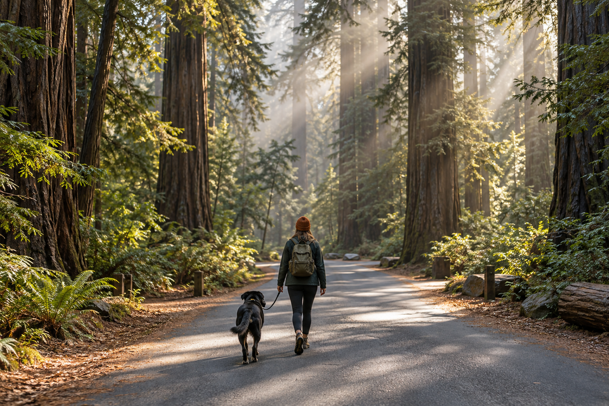 A leashed black dog and its person walking on a paved road beneath Big Sur redwoods.