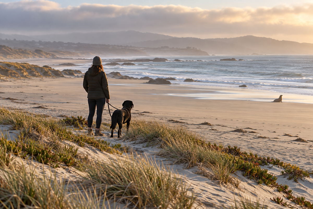 Leashed black dog and owner observing a sea lion from far across a Monterey Bay beach.