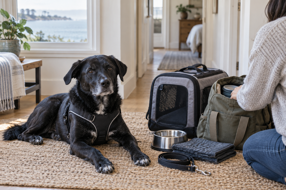 Black dog resting beside an emergency kit in a quiet California coastal home.