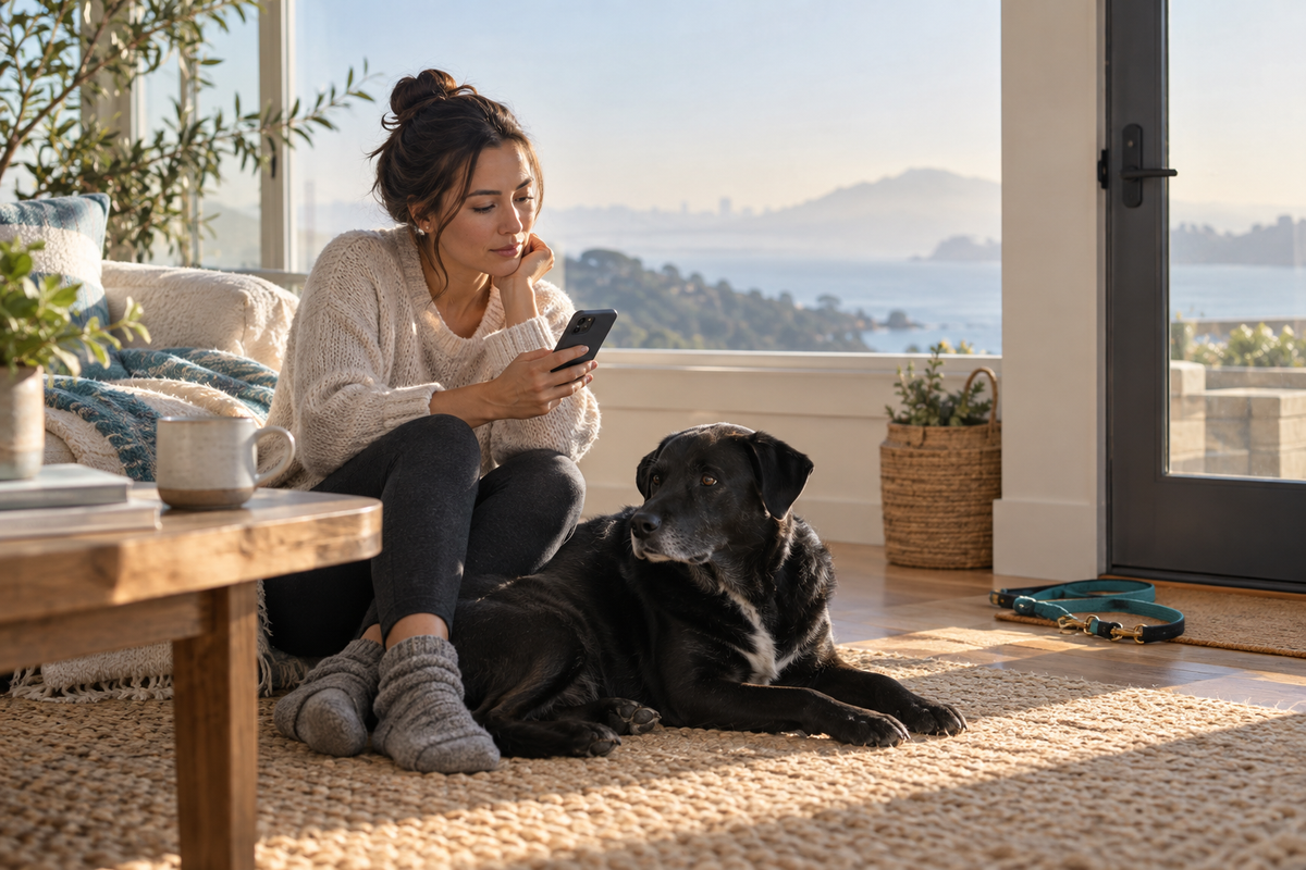 Black mixed-breed dog resting indoors as its owner checks air quality before a Bay Area walk.