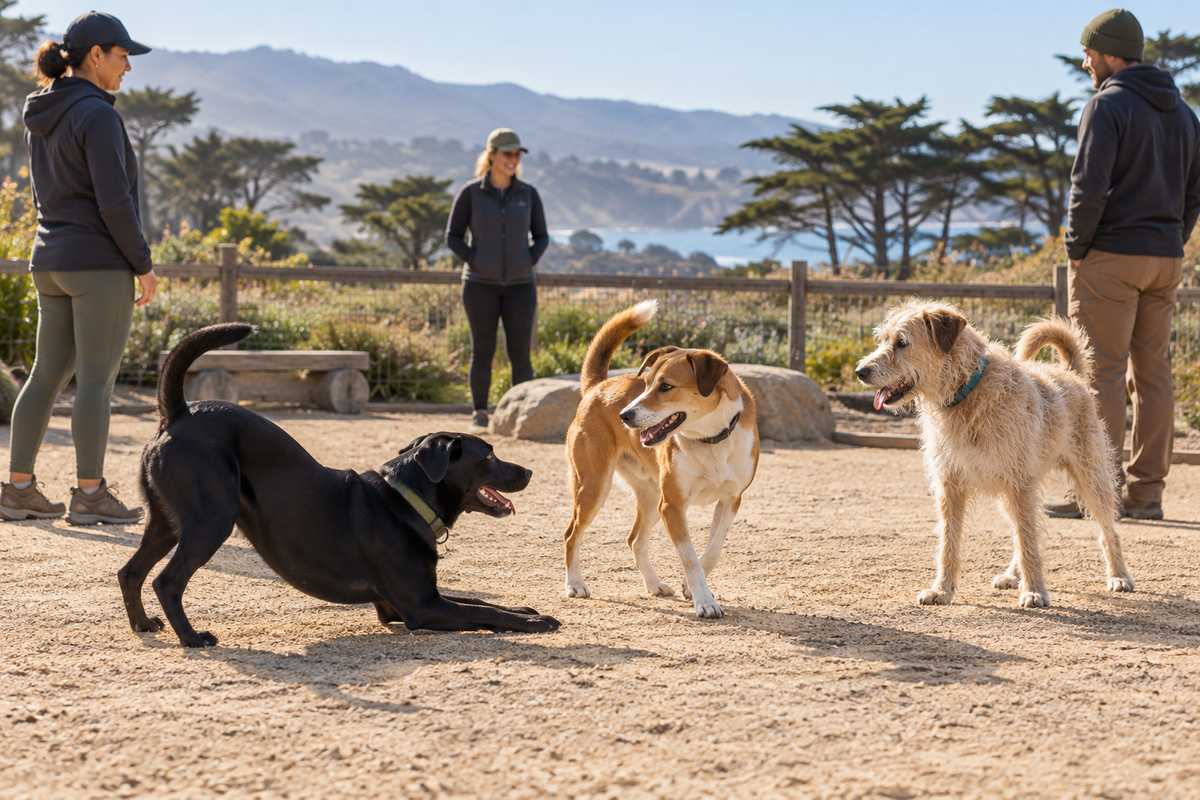 Three relaxed dogs and their handlers during a supervised outdoor play session in coastal California.