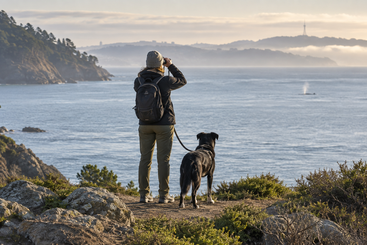 Leashed dog and owner watching a distant whale from a California coastal overlook.
