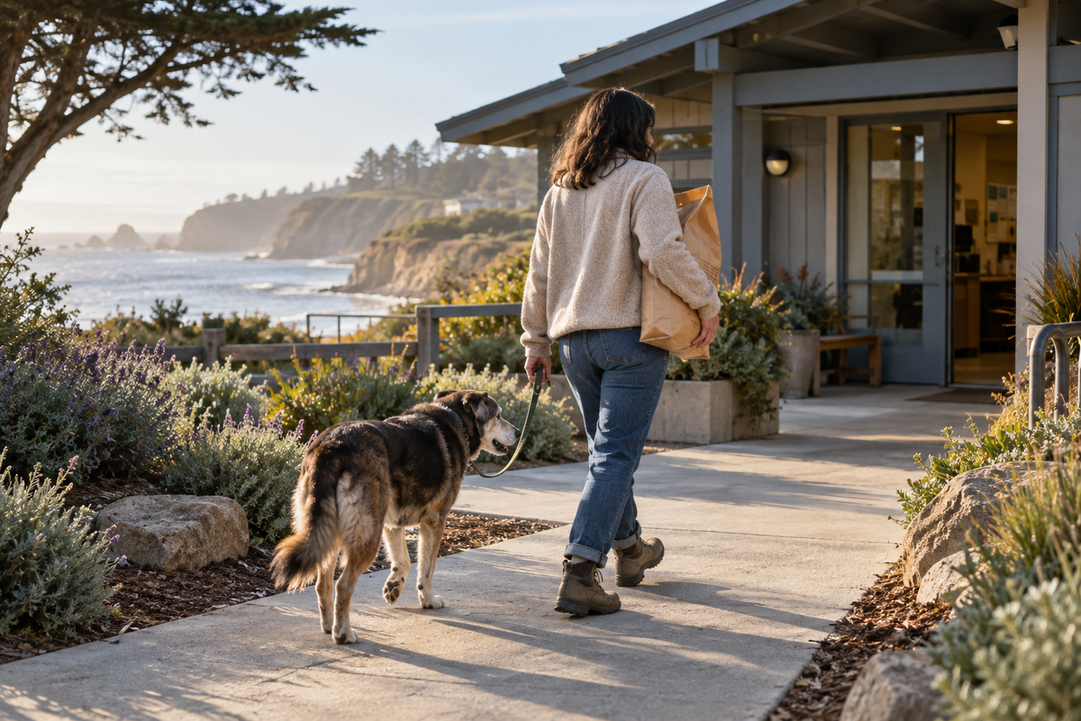 Dog owner carrying a bag of pet food beside a leashed mixed-breed dog in coastal Santa Cruz