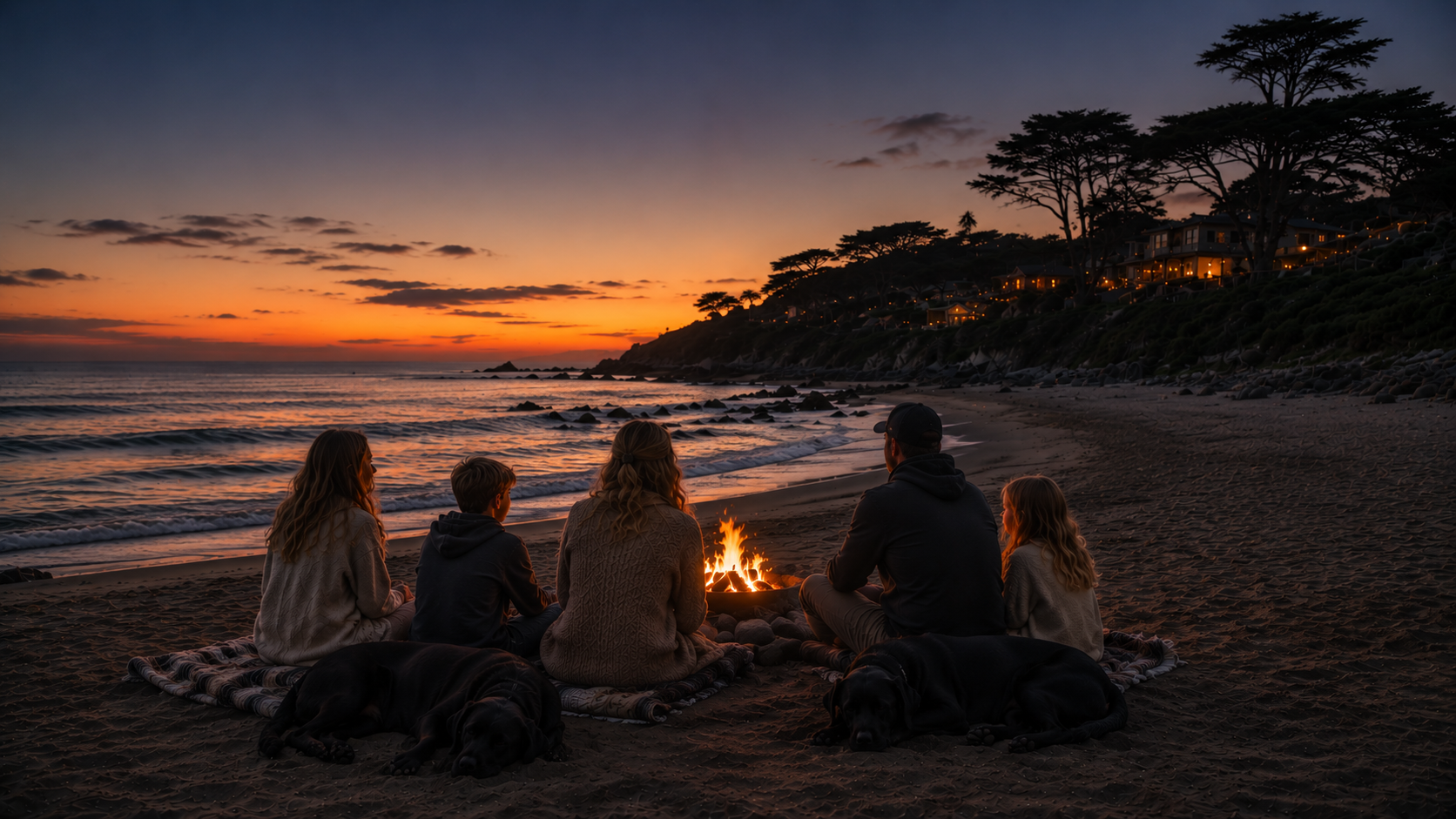 Family of five around a beach campfire with two sleeping black Labs