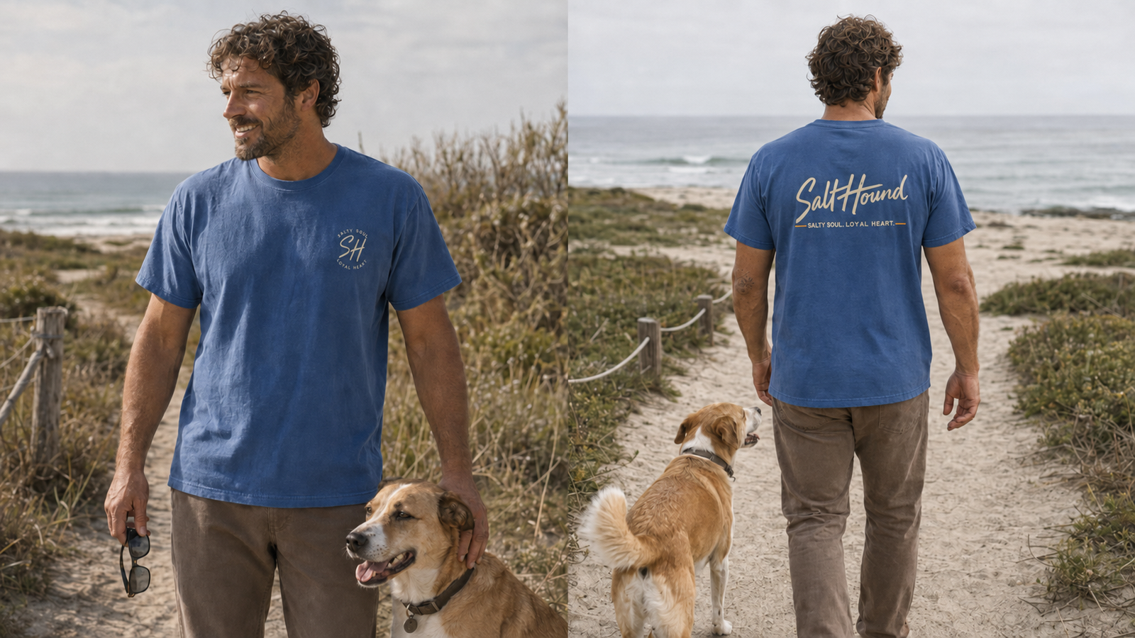Men's Salt Hound Signature Collection T-shirt shown from the back in a coastal setting