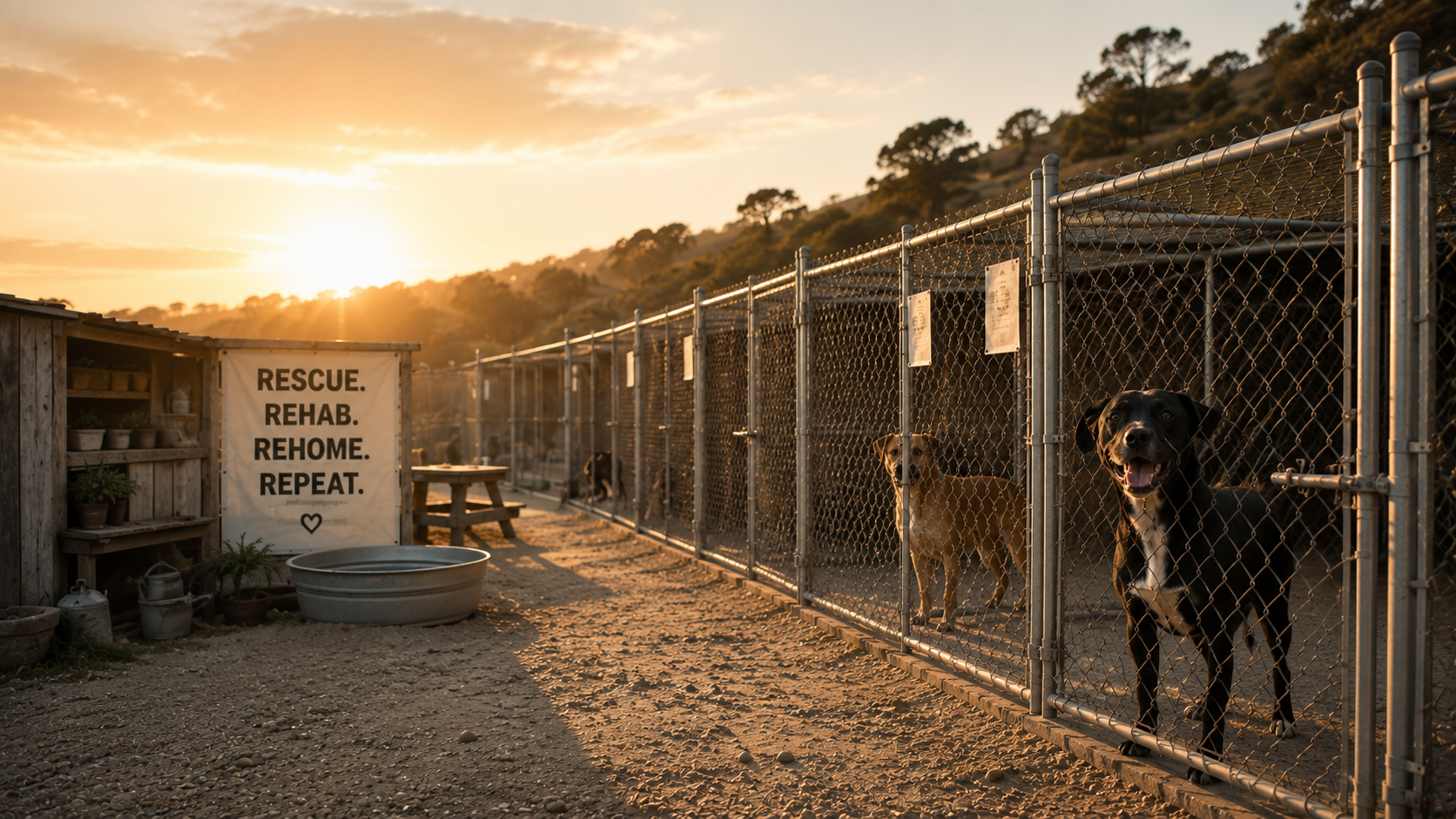 Rescue dogs waiting for homes at golden hour