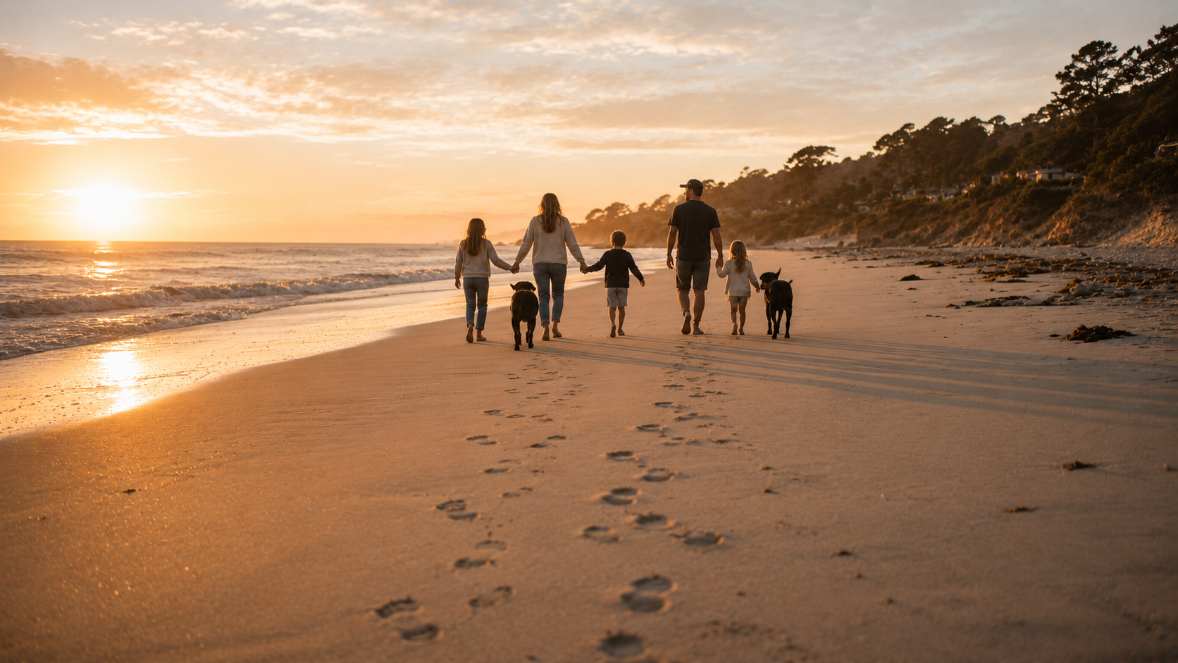 A family walking down Carmel Beach with two dogs, leaving footprints and paw prints in the sand