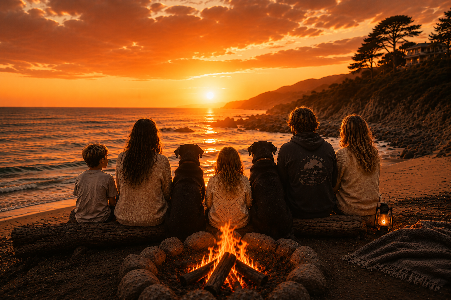 A family gathered around a beach fire at night