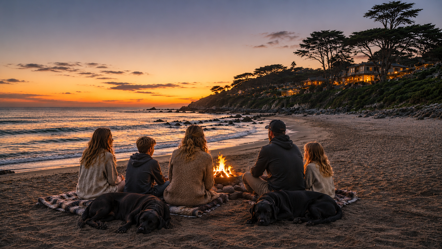Family of five around a beach campfire with two sleeping black Labs