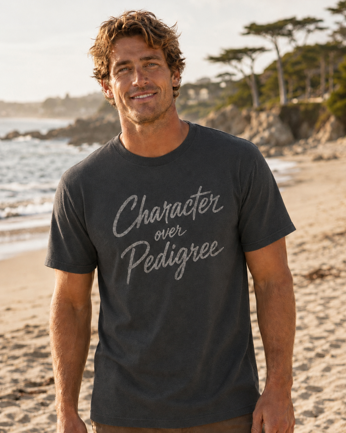 Men's Salt Hound Character over Pedigree T-shirt in Vintage Heavy Metal, modeled view